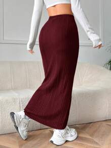 SHEIN EZwear 勃艮第女士针织紧身裙 - 酒紅色 - 查看 2