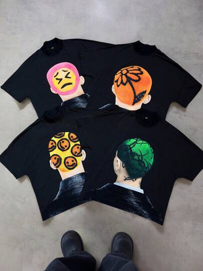 Manfinity EMRG 男士黑色T恤四件套组合，展现街头风格和INS百搭魅力，性价比超高。时尚百搭，情侣装、返校季穿搭或送给男友的礼物都非常合适。Y2K风格印花男士T恤。