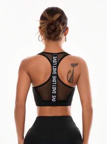 Easithlete Letter Strap Splicing Fishnet Crop Top Athletic Tank Top Workout Tank Tops Gym Top - Black - View 3