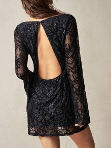 Bohemela 女式纯色针织露背长袖迷你连衣裙 - 黑色 - 查看 7