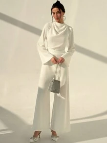 Aloruh 简约办公室通勤装女式宽领长袖深 V 背长腿连体裤 - 白色 - 查看 4