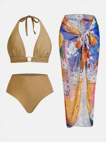 Swim Oasis Women's Gold Triangle Ring High Waist Floral Chain Beach Cover-Up Swimwear Cover Up Set, Suitable For Holiday, Beach, Party Summer - Multicolor - View 9