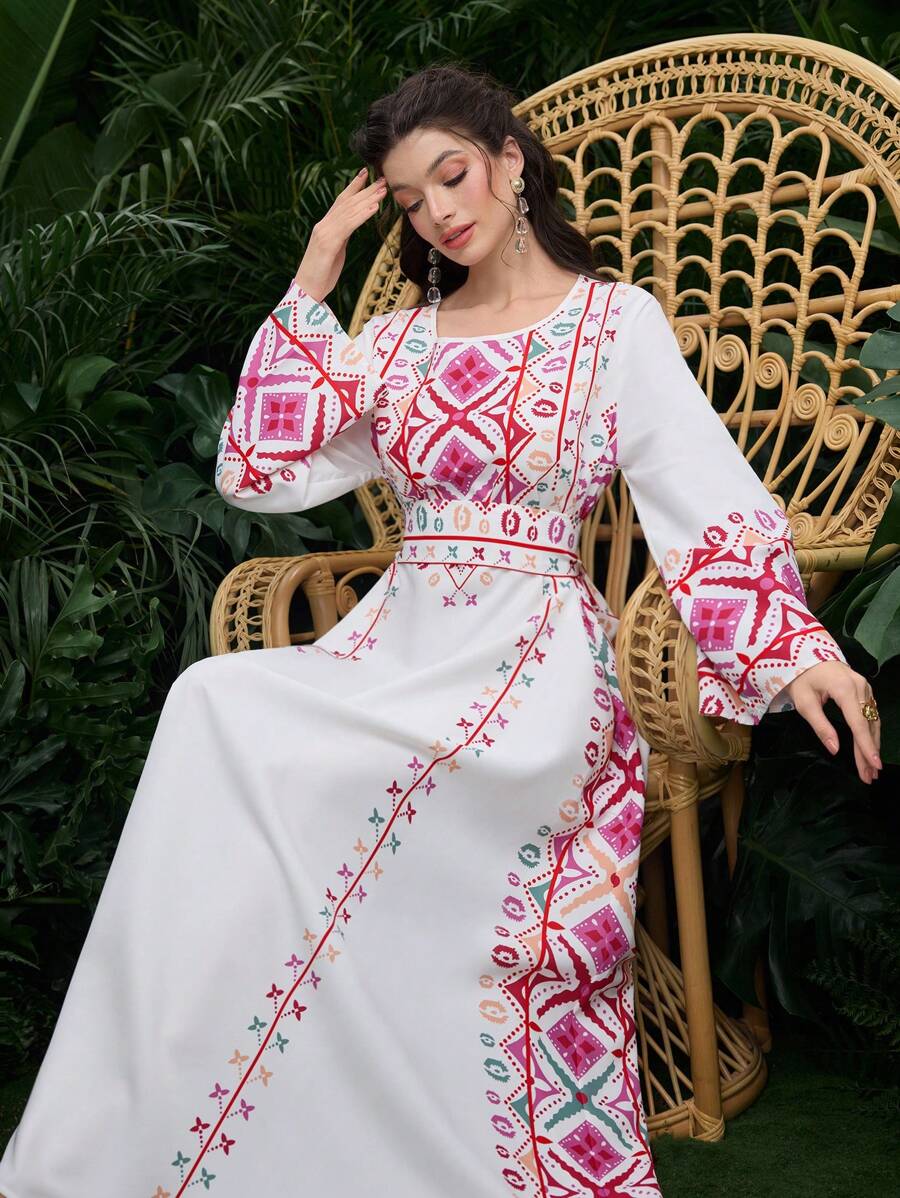 Al Najma 数字位置花卉腰带长袖阿拉伯风格女式连衣裙，阿拉伯连衣裙，端庄 - 彩色 - 查看 1