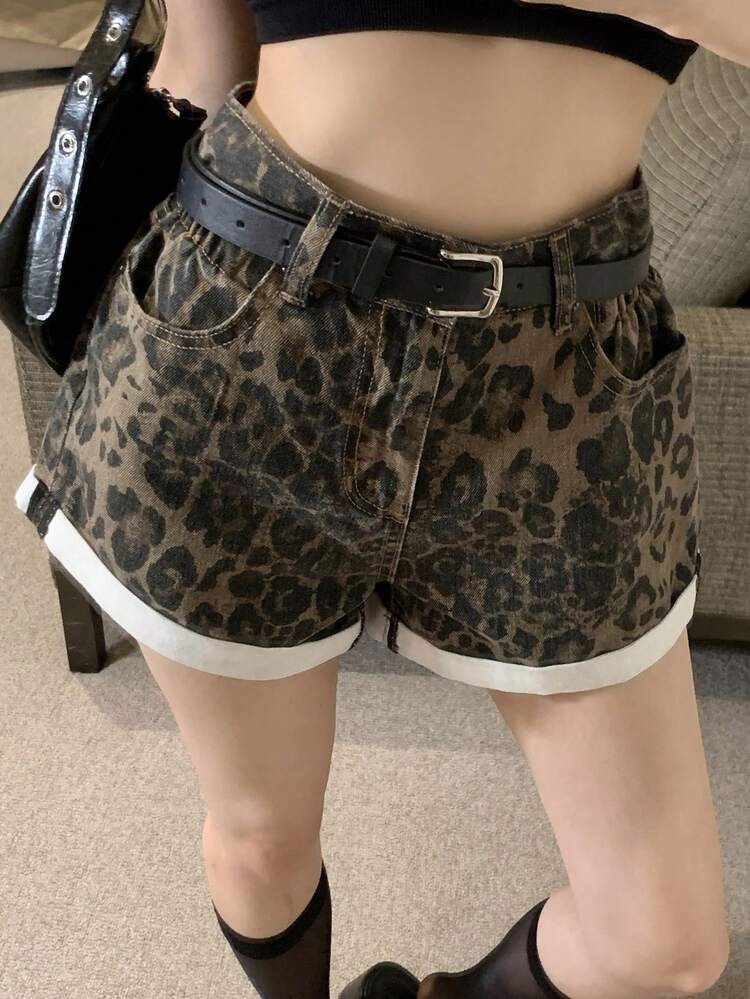 Women's Leopard Print Denim Shorts With Pockets & Rolled Hem, Casual Jorts