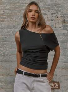 MUSERA Asymmetric Neck Ruched Short Sleeve Top Summer Ibiza Fall