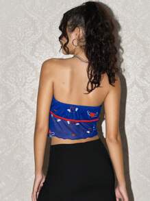 Easelle Women's Vintage Valentine's Day Heart Lace-Up Asymmetrical Hem Fitted Bandeau Top, Blue