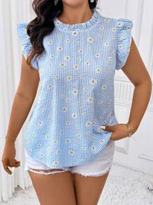 Calvaya Plus Size Women's Summer Striped Daisy Print Casual Vacation Cap Sleeve Blouse