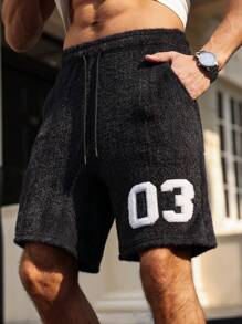 Manfinity Campus Court Men's Streetwear Black And White 03 Embroidered Plush Shorts,Summer Beach Young Street Style College Sports Basketball Shorts With Side Pocket Design - Black - View 8