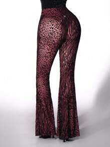 Zolique Pantalones de mujer de corte slim y sexy con estampado de leopardo aterciopelado y transparente