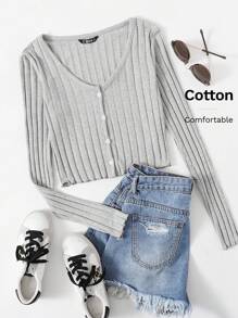 SHEIN EZwear Rib-knit Single Breasted Tee - Light Grey - View 6