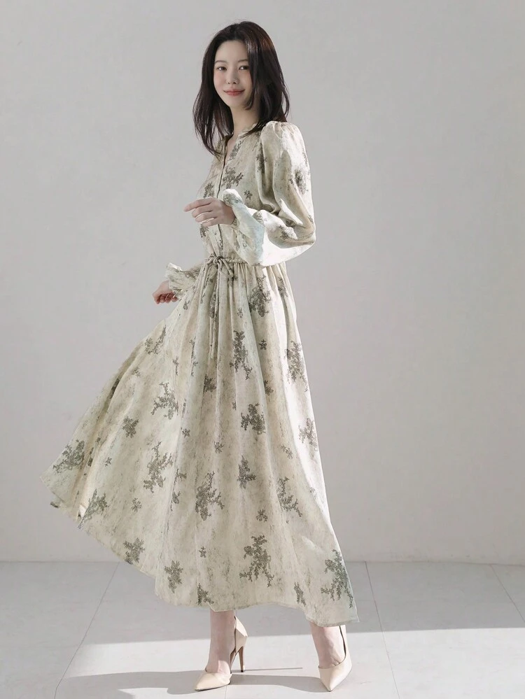 SHEIN X Hannahelzahed Women's Elegant Jacquard Pattern Mid-Length Vacation Dress Floral Dresses For Women