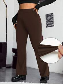 SHEIN EZwear Plus High Waist Black Flare Leg Pants - Brown - View 1