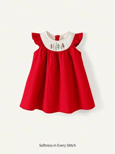 Cozy Pixies 女宝宝休闲百搭花卉图案圆领荷叶边撞色连衣裙