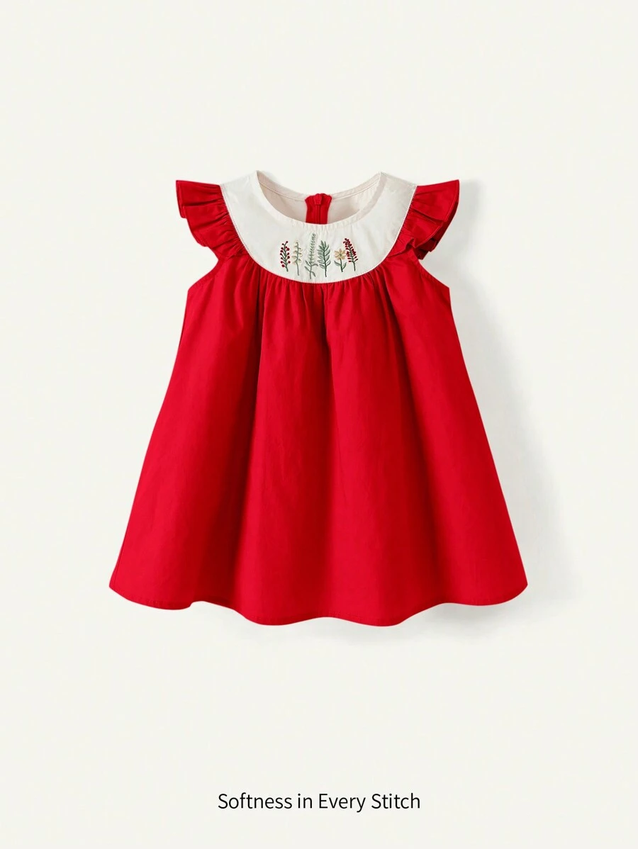 Cozy Pixies Baby Girls Casual Versatile Floral Pattern Round Neck Ruffle Trim Contrast Color Dress, Baby Girl - Multicolor - View 1