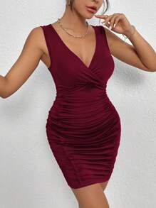 Chiquease Women's Solid Color Gathered Slim-Fit Mini Dress - Burgundy - View 5