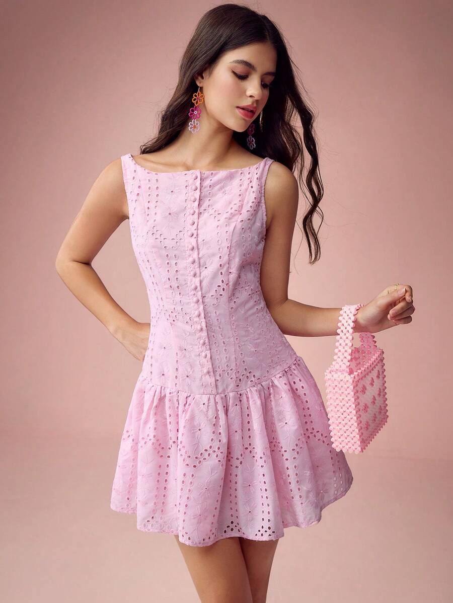 Enchnt Women's Solid Color Sleeveless Simple Pleated Short Casual Dress - Pink - View 1