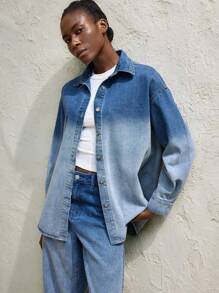 Maija Damska jesienna kurtka jeansowa jednorzędowa z długim rękawem i opadającymi ramionami, w stylu kowbojskim