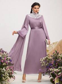 Al Najma Women's Contrast Lace Stand Collar Long Sleeve Flounce Hem Elegant Arabic Style Dress, Kaftan & Jalabiya - Purple - View 4