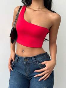 SHEIN BASICS 2 piezas Top corto ajustado de un solo hombro de punto de unicolor informal para mujer