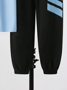SHEIN 2 件套青少年男孩休闲简约字母印花圆领套头衫，适合夏季、运动、跑步， - 淺藍色 - 查看 6