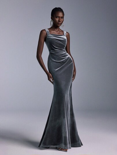 Elitara Ruched Mermaid Hem Velvet Bridesmaid Dress Elegant Formal Evening Prom Wedding Guest Gown, For Graduation, Dinner Party Dress