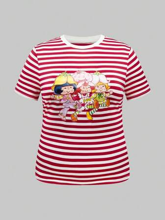 Camiseta de manga corta de talla grande, informal, con estampado de rayas y dibujos animados para el verano