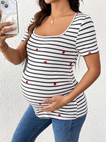 SHEIN Heart Embroidery Striped Fitted Maternity T-Shirt