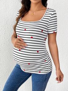 SHEIN Heart Embroidery Striped Fitted Maternity T-Shirt