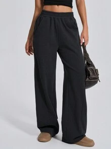 SHEIN Tall Wide Leg Elastic Waist Track Pants, Seam Design, Fall Clothes - Dark Grey - View 3