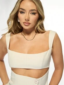 MISSGUIDED Áo crop top được thiết kế riêng Bralette Nút cổ vuông Chi tiết Hiện đại Tối giản Không tay Bữa tiệc mùa hè Buổi tối Thời trang Hàng đầu Doanh nhân Giản dị Thiết kế có cấu trúc cao cấp - Màu be - Xem 3