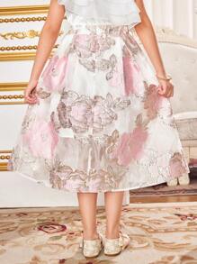 SHEIN Leap Crew Tween 女童欧根纱花朵提花褶皱腰荷叶边下摆裙，锦缎提花设计裙，适合花园茶会、春季郊游和度假 - 彩色 - 查看 10