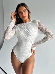 SHEIN Essnce 女士花卉蕾丝褶饰长袖紧身衣 - 白色 - 查看 1