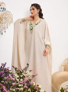 Al Najma Women's Apricot V-Neck Three-Dimensional Beaded Edge Turkish Bat Sleeve Stitching Kaftan & Arabian Traditional Long Dress Spring Valentine's Day, Kaftan & Jalabiya,Modest - Apricot - View 3