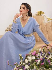 SHEIN Najma Váy dài tay cổ chữ V chắp vá màu xanh lam cho nữ theo phong cách Ả Rập tối giản, váy Ả Rập, ngày lễ tình nhân mùa xuân - Màu xanh bụi bặm - Xem 4
