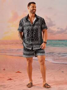EASEVO Plus Size Men Street Style Casual Black Shirt And Shorts Set With Paisley Flower Pattern