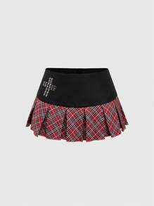 ROMWE Grunge Punk 朋克摇滚音乐节格纹十字铆钉装饰超低腰 A 字形迷你裙