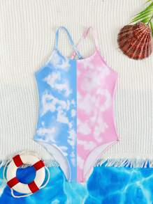 Tween Girls' Tie-Dye Printed One-Piece Swimsuit, Flattering - Multicolor - View 5