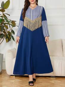 Lacomfia 大码女式优雅 V 领数码印花流苏宽松连衣裙，阿拉伯风格