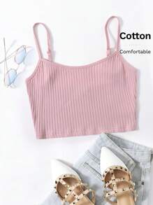 SHEIN EZwear 羅紋針織短版吊帶上衣 - 藕粉色 - 查看 6