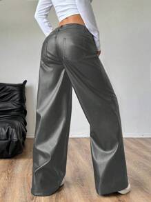Flirla 女士宽松口袋 PU 皮革直筒裤