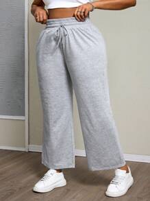 SHEIN PETITE CURVE Calça de moletom plus size cinza primavera sólida com cordão na cintura