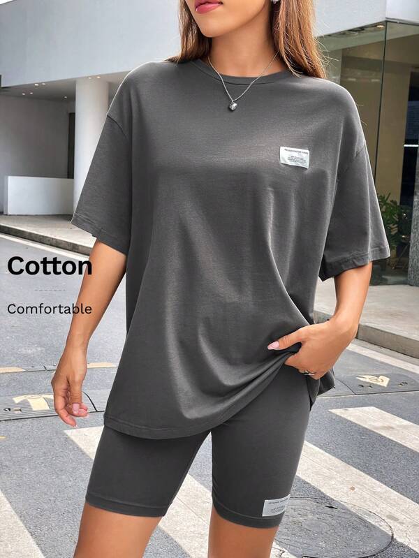 SHEIN EZwear Letter Patched Drop Shoulder Tee & Biker Shorts