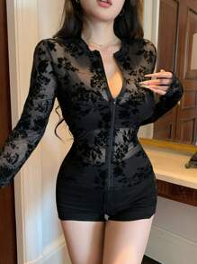 DAZY Sheer Lace & Mesh Floral Embroidered Long Sleeve Top For Women,Fall Women Clothes Going Out Tops - Black - View 8