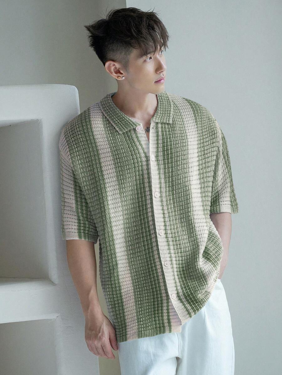 DAZY Men's Contrast Stripe Front Button Short Sleeve Knit Top, Summer Vacation - Army Green - View 1