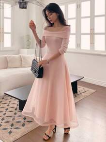 DAZY Women Off Shoulder Elegant Mid-Length Flared Dress Elegant - Pink - View 2
