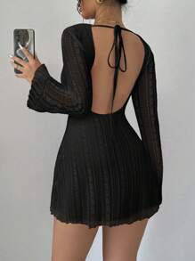 Vestido mini con estampado floral, mangas acampanadas y espalda descubierta para mujer - Negro - Ver 3