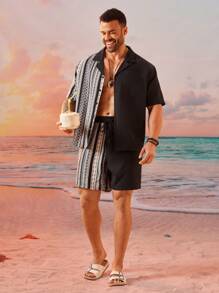 EASEVO Plus Size Men Street Style Loose Woven Vertical Stripe Short Sleeve Shirt And Shorts Set