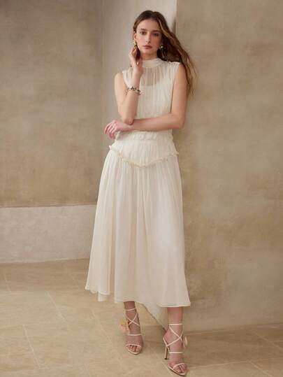 FLOWY GATHERED SLEEVELESS DRESSMotf