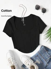 SHEIN EZwear 方領弧形下擺短款T恤 - 黑色 - 查看 6