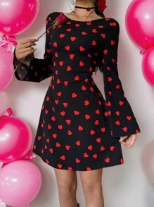 SHEIN Essnce Women's Heart Print Round Neck Bell Sleeve Cute Mini Dress For Valentine's Day